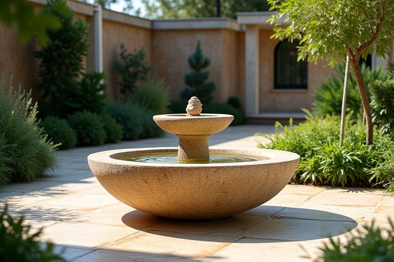 Fuente de piedra natural en jardín barcelonés