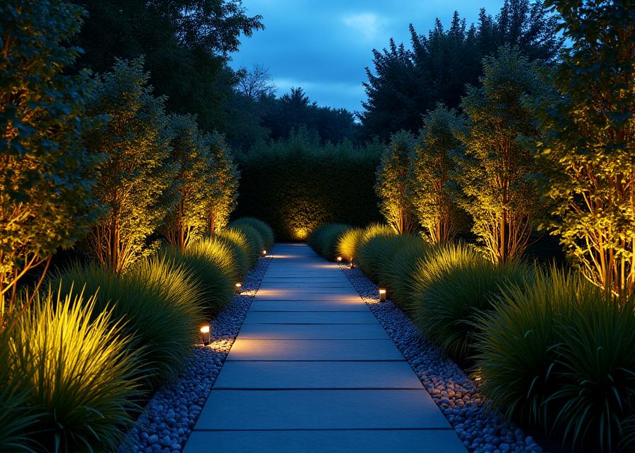 Jardín con iluminación LED nocturna